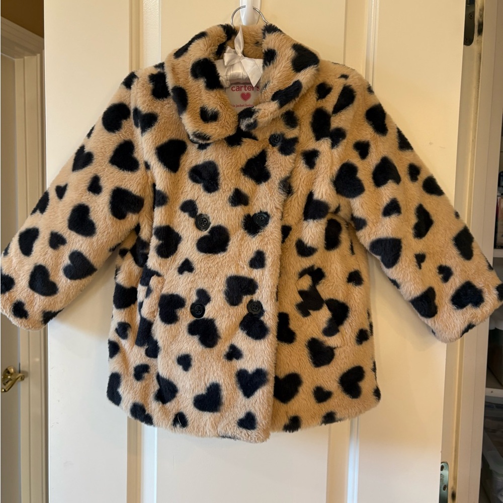 Carter's Tan Faux Fur Peacoat with Black Heart Print